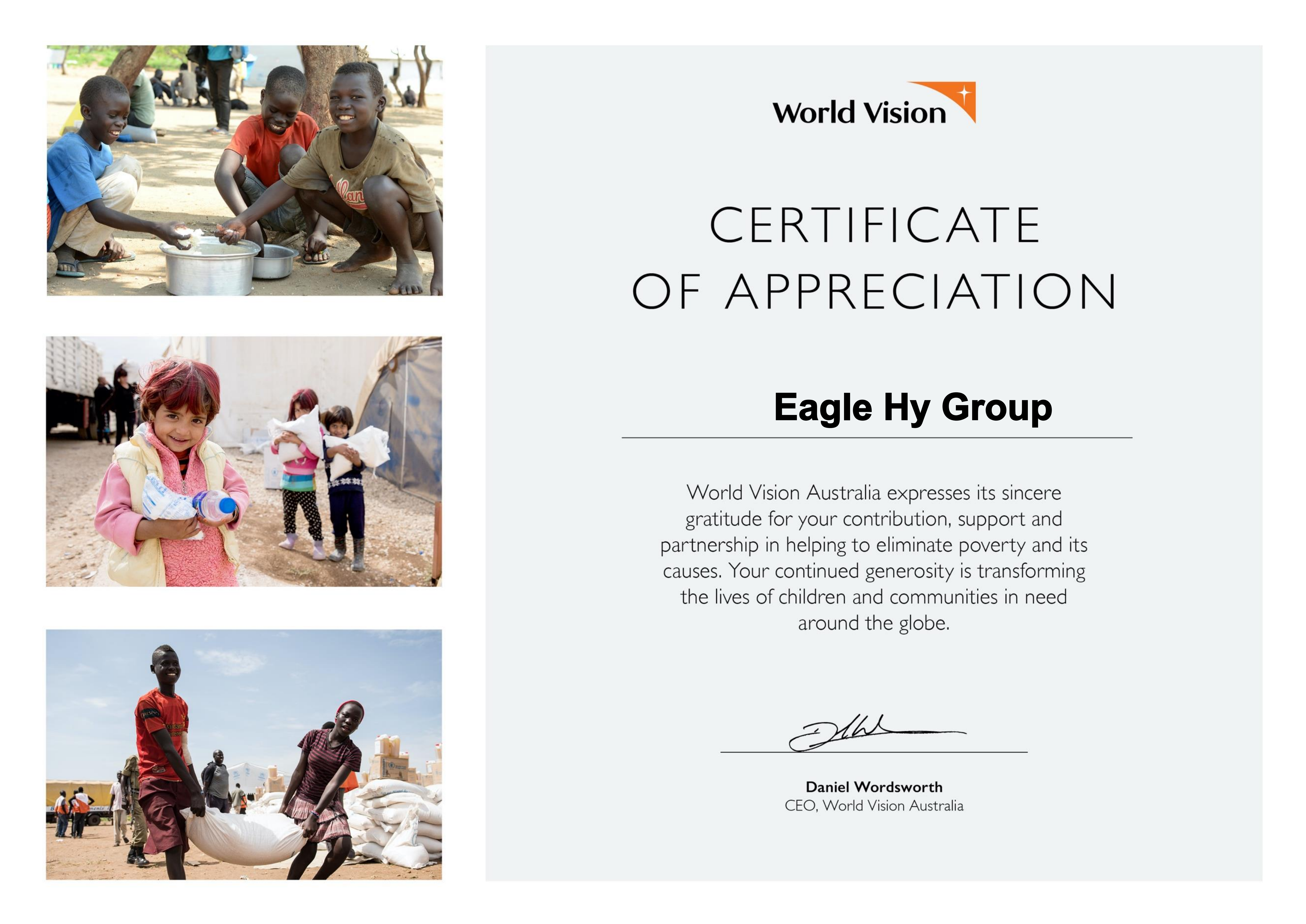 World Vision Australia certificate of appreciation awarded to Eagle HY Group
